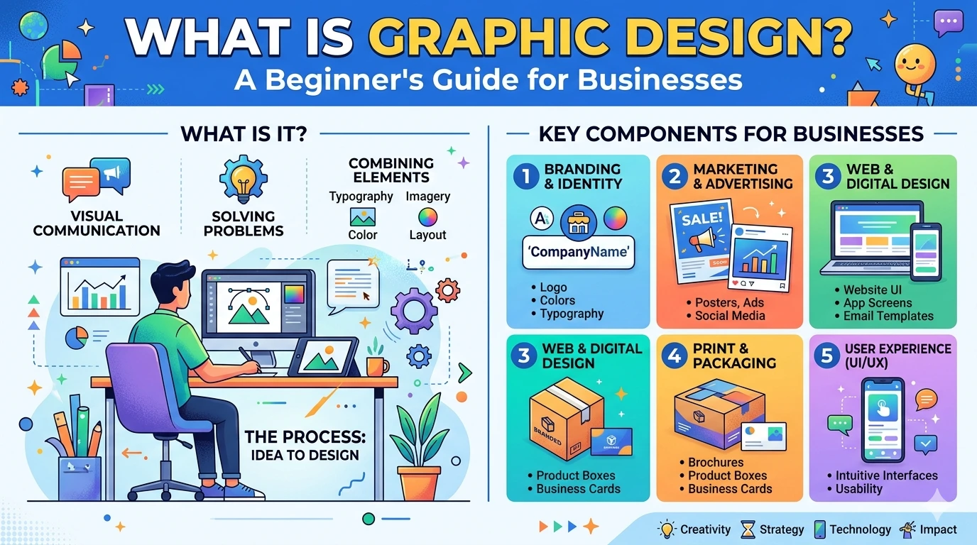 Graphic design process showing idea, design creation, and customer communication