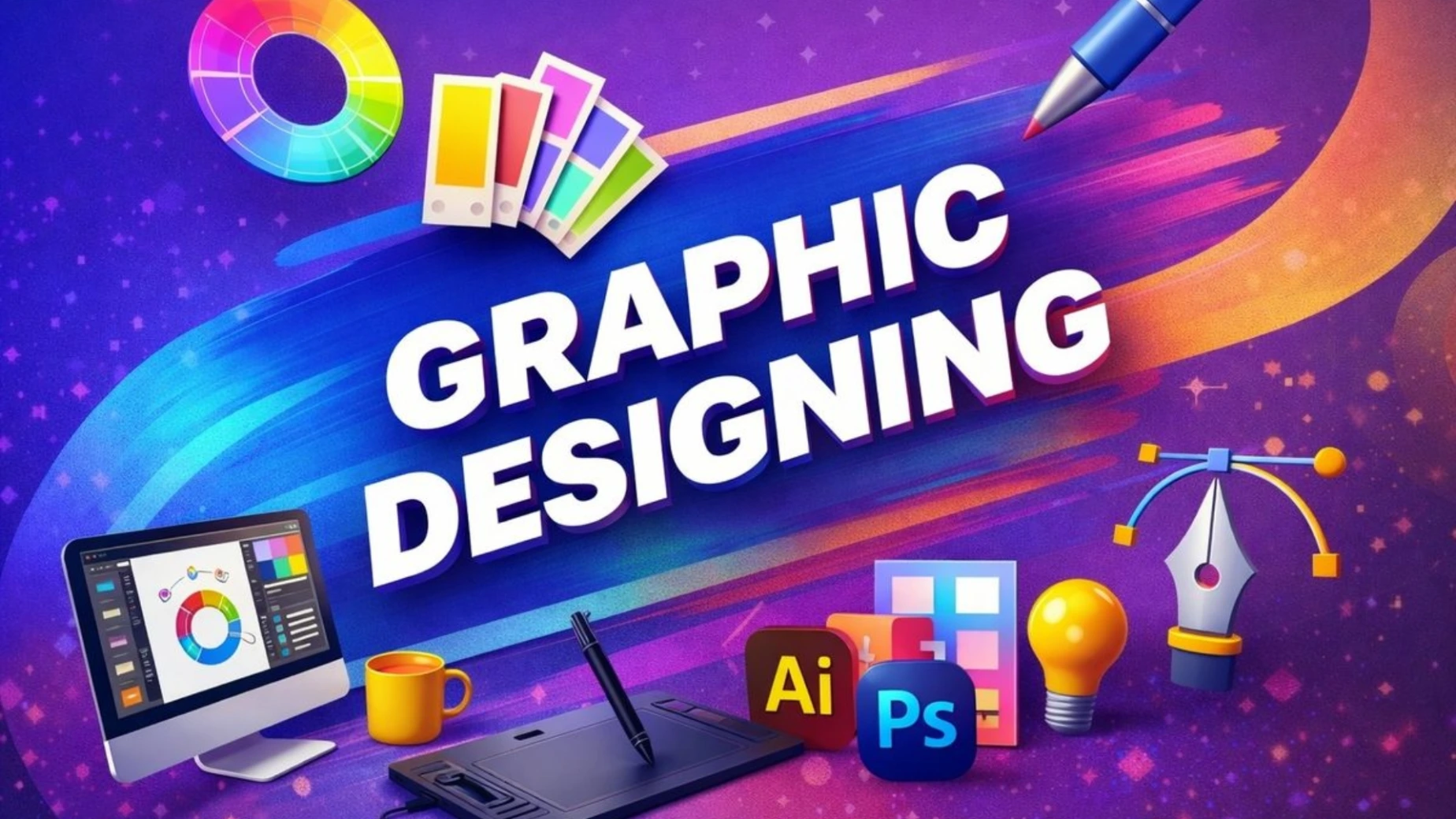 Graphic design examples including logo design, website graphics, brochures, and branding materials