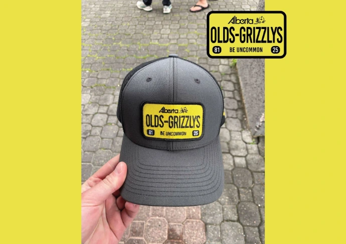 Pre-press sample — Olds Grizzlys cap mockup with embroidered patch